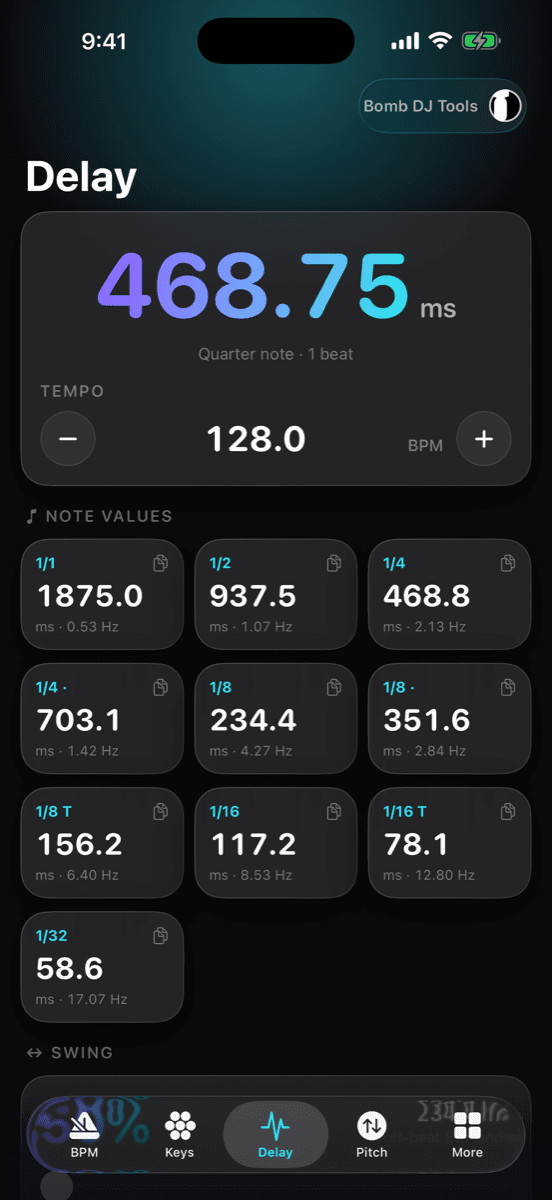Bomb DJ Tools — Delay Calculator screen