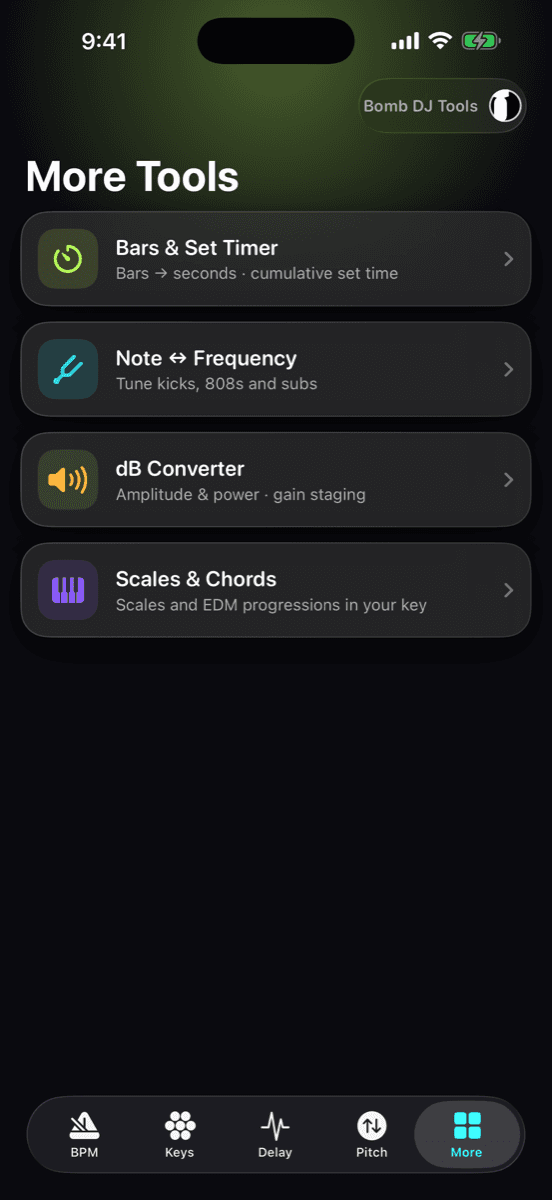 Bomb DJ Tools — More Tools screen