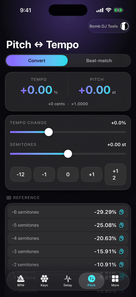 Bomb DJ Tools — Pitch ↔ Tempo screen